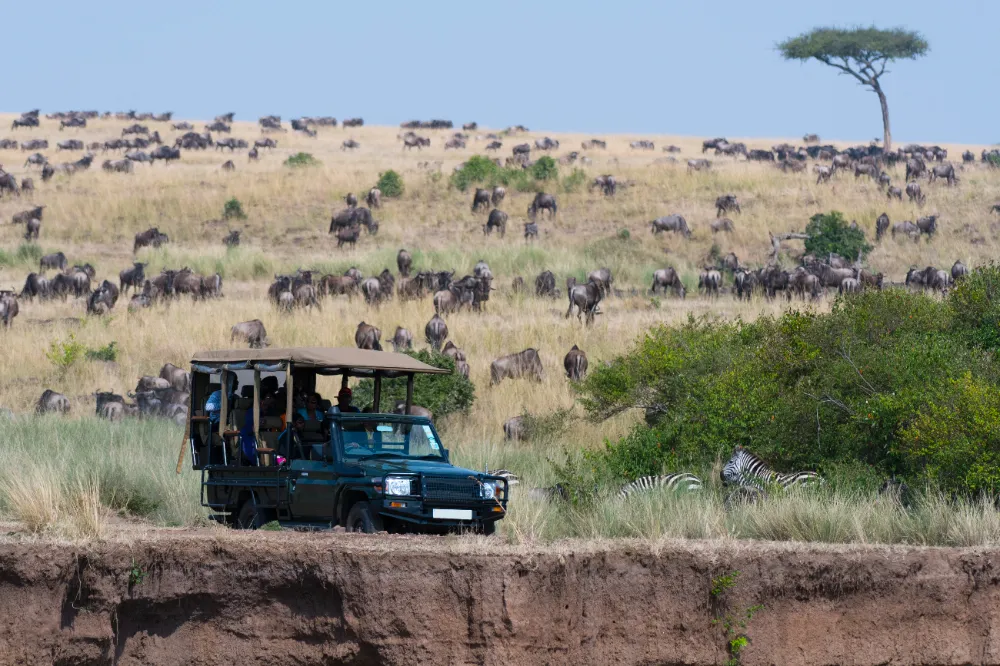 A safari vehicle in the Masai Mara National Reserve, Kenya, Africa