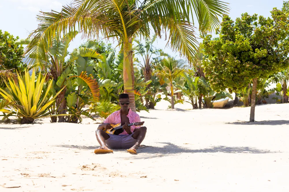 Happy biracial man playing guitar sitting by palm tree on sunny beach, copy space